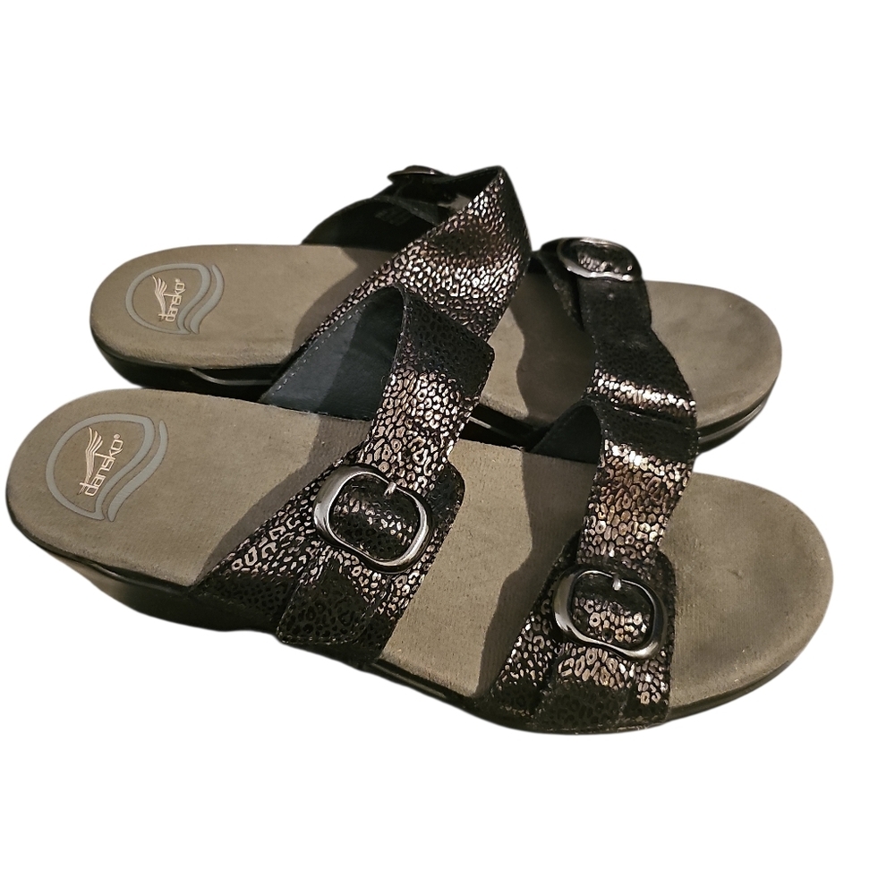 Dansko 40 Black Metallic Leather Animal Print Clog Strap Sophia Sandals 10